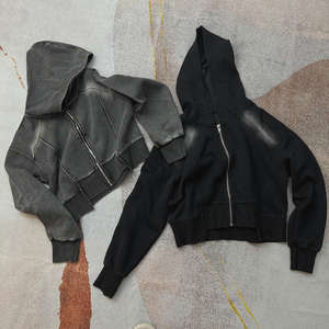 Sweat à capuche court personnalisé poids lourd lavé à l'acide pour les femmes 100% coton éponge épissage fermeture éclair à capuche blanc vêtements de rue pour l'hiver automne - Product Image 1