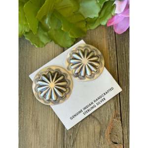 Sterling Silver Navajo Post Concho <b>Earrings</b> with Diamond <b>Moissanite</b> Pearl Accents - Product Image 4
