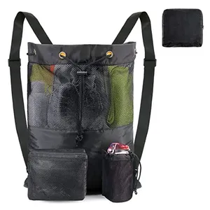 महिला पुरुषों के लिए कस्टम फोल्डेबल बीच नेट बैग, स्पोर्ट्स डांस स्विमिंग गियर के लिए जिम बैकपैक ड्रॉस्ट्रिंग मेश बैग