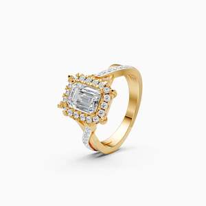 Bague de fiançailles à bande croisée en diamant taille émeraude avec diamant de laboratoire de 1,29 ct |   En or jaune, blanc et rose 9 carats - Product Image 1