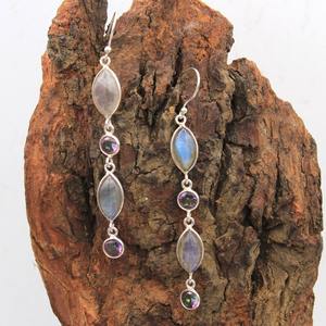 Boucles d'oreilles pendantes tendance en argent sterling avec pierre de labradorite, sertie en bélière, pour femmes - Cadeau de fête d'anniversaire, bijoux rhodiés/dorés - Product Image 2