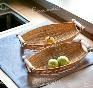 Design antique bambou rotin bateau forme Long décor plateau de fruits fait à la main en osier Style Shikara vaisselle assiette de service - Product Image 3