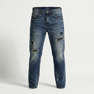 Jean déchiré en denim uni de poids moyen, coupe droite, taille haute, coupe ajustée, décontracté, pour homme, automne, délavé, style streetwear, commande en gros - Product Image 1