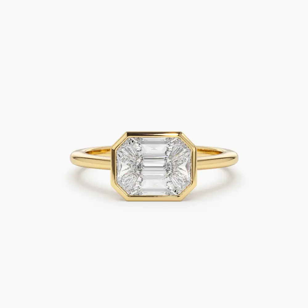 East West Emerald Cut Bezel Set anello di fidanzamento solitario in oro giallo 14K, fede nuziale con diamante della miniera di terra reale per le donne