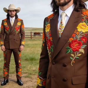 <b>Mens</b> Brown Western Embroidered Suit Double Breasted Cowboy <b>Blazer</b> & Pants with Floral Design - Product Image 2