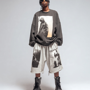 Ensemble de shorts de survêtement imprimés à jambes larges pour hommes, t-shirt imprimé à épaules tombantes pour hommes, shorts de survêtement amples, ensembles deux pièces pour hommes - Product Image 1