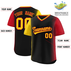 Camiseta de béisbol sublimada para hombre, nombre y número del equipo personalizados, degradado negro, rojo y amarillo, manga corta, cuello en V, uniforme deportivo - Product Image 2