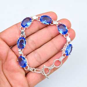Bracelet de fête de mariage bohème en Tanzanite bleue de luxe, argent sterling 925, pierre précieuse ovale facettée réglable, élégant, fait à la main - Product Image 1