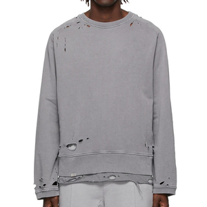 Sudaderas desgastadas lavadas para hombre, sudaderas con capucha y cuello redondo personalizadas rasgadas, tela 80,20 French Terry - Product Image 1