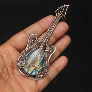 Amazing Guitar Labradorite Wrapped Wire Pendant Flashy Labradorite Necklace Brass Pendant Jewelry Wholesale Pendant Jewelry - Product Image 2