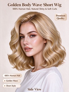 Peluca de Cabello Humano Corto con Ondas Doradas, Suave y Brillante, Rizado Natural, para Uso Diario - Product Image 2