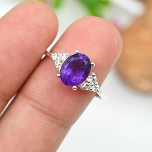 Belle conception naturelle améthyste anneaux de mariage ovale broche réglage 925 bijoux en argent Sterling bijoux pour les mariages fiançailles - Product Image 5