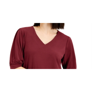 Collezione JM: Top da Donna Rosso con Maniche a Sbuffo e Scollo a V, Taglia Grande, Decorazione in Pizzo Ricamato, Stagione Autunnale, Motivo Tinta Unita, Poliestere - Product Image 2