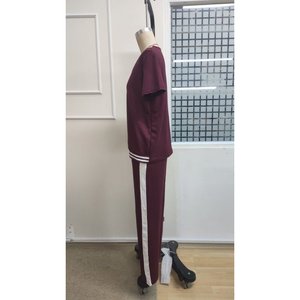 Conjunto de Dos Piezas para Mujer, Blusa de Manga Corta con Cuello en V de Viscosa de Dos Hilos y Pantalones, 35484 - Borgoña - Product Image 5