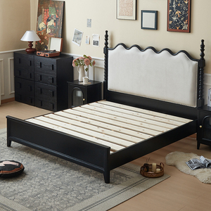 Traditional <b>Platform</b> <b>Bed</b> Queen Size Solid Wood <b>Frame</b> Soft Upholstered Headboard Black Finish - Product Image 1