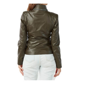 Chaqueta de abrigo de moda con diseño de motorista ajustado de cuero genuino de primera calidad para mujer - Product Image 5