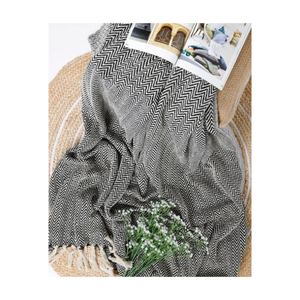 Plaid Rectangulaire Bohème Rayé en Lin et Coton Biologique 100% Tissé avec Franges, Décoration d'Intérieur Respirante Toutes Saisons, Beige à Pompons - Product Image 6