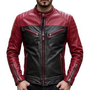 Veste de moto matelassée en cuir véritable rouge et noir pour homme Veste de moto en cuir de course sur piste blindée CE pour homme - Product Image 1