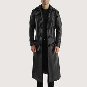 Abrigo de Cuero con Capucha Huntsman Negro, Estilo Elegante de Gabardina - Product Image 1