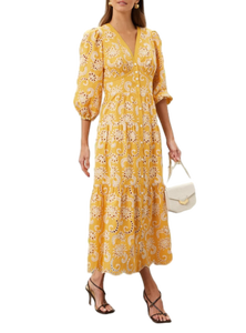 Best Selling Yellow Long <b>Dress</b> Comfortable Floral Cotton <b>Dress</b> for <b>Women</b> Casual Loose Fit <b>Tunic</b> <b>Dress</b> for Wholesale - Product Image 4