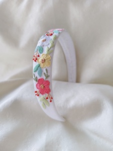 custom made embroidered <b>hair</b> <b>band</b> made from linen <b>fabrics</b> with embroidered flowers for resale by <b>hair</b> accessory stores - Product Image 2