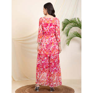 Deebaco Ensemble coordonné ethnique en mousseline pour femme, tunique longue florale avec crop top et pantalon palazzo, tenue de soirée estivale - Product Image 5