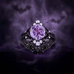 Jeulia <b>Gold</b> Plated Moissanite Fashion <b>Ring</b> <b>Set</b>-Gothic Black Celtic Twist with Purple Hexagon Cut Claw Inlay - Product Image 4