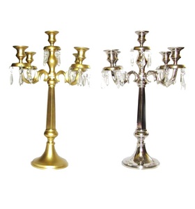 Candélabre à 5 bras en métal et perles de cristal, finition argentée, qualité supérieure, support de bougies chauffe-plat décoratif fait main pour mariage - Product Image 5