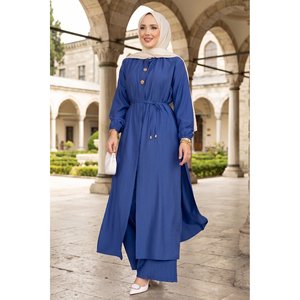Conjunto de Túnica Larga Azul Marino de Crepé con Cuello Mao con Cordones, Estilo Casual - Product Image 1