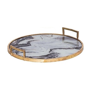 <b>Round</b> Shape Indian Marble Serving <b>Tray</b> with Metal Handle Wholesale New Design Handmade Marble and Metal <b>Table</b> Serving <b>Tray</b> - Product Image 1