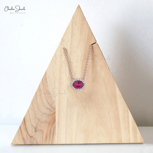 Venta al por mayor 14K oro sólido Halo collar diamante circundante Rosa turmalina piedra preciosa 7x5mm corte fino fiesta de compromiso de las mujeres - Product Image 1