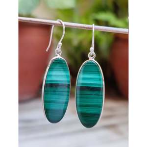 Handmade Fashion Sterling Silver <b>Dangle</b> <b>Earrings</b> Natural Malachite Long Oval Gemstone Jewelry Women's Birthday Anniversary - Product Image 5