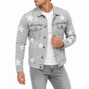 <b>Men's</b> Light Gray <b>Denim</b> <b>Jacket</b> Star Print Turn-down Collar Casual Washed Cotton Regular Sleeve Single Breasted - Product Image 2