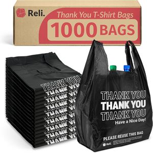 Sacs de courses en plastique noir avec poignées Reli Thank You, 1000/paquet, 11,5x6,5x21 pouces, sacs de transport pour courses - Product Image 4