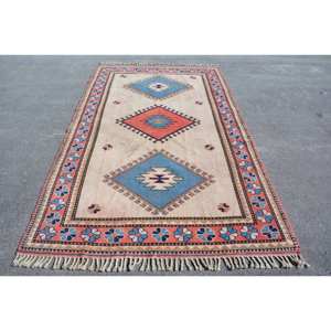 Traditionnel Beige Bleu 5.5 X 8.9ft Grande Surface Écologique Moyen Pile Aubusson Laine Tapis Vintage Turc Patchwork Salle À Manger - Product Image 1