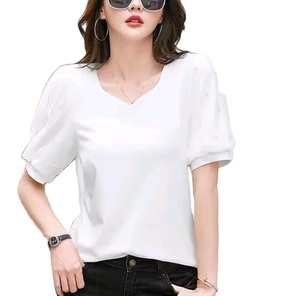 T-shirt en coton à manches bouffantes en maille perlée pour femmes, col en V, manches courtes, t-shirt de haute qualité, t-shirt décontracté tendance - Product Image 2