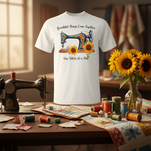 Camiseta con temática de costura para costureras, con diseño de máquina vintage y girasoles, para entusiastas del quilting - Product Image 3