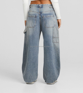 Pantalon cargo en denim pour femmes, personnalisable, élégant, écologique, respirant, en spandex/coton, streetwear, jambe large, long, jeans pour femmes - Product Image 1