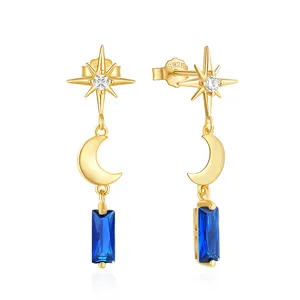 CANNER Delicate S925 Sterling Silver Star Moon Drop Earrings 18k Gold Plated Rectangle Blue Sky Zircon Gemstone Stud Earrings