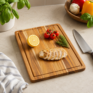 Planche à découper en teck massif, 2,5 cm d'épaisseur, robuste, avec rainure profonde pour le jus, idéale pour la viande, les légumes, les steaks et la découpe. - Product Image 6