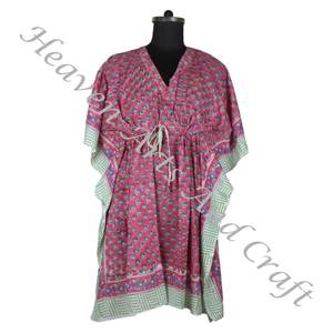 100% algodón Mujer ropa de dormir bloque de mano impreso Kaftan vestidos KFCS160 peso ligero mujeres Casual ocasión desgaste corto caftán vestido - Product Image 1