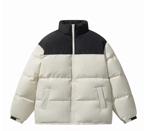 Men's <b>White</b> Black Color Blocking Stand Collar <b>Puffer</b> <b>Jacket</b> Zipper Closure Windproof Casual Winter Thick Polyester Wadding - Product Image 4