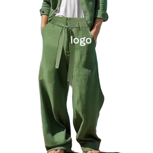Pantalon décontracté pour homme en toile de lin et ramie de coton de qualité supérieure, taille mi-haute, léger, blanc, coupe droite ample, idéal pour l'été - Product Image 1