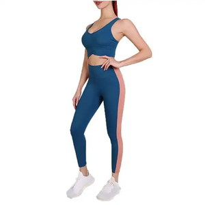 Women 2 Piece Yoga Set High Waist Leggings With Side Stripe V Neck <b>Crop</b> <b>Top</b> Seamless Stretch Sports Wear - Product Image 3