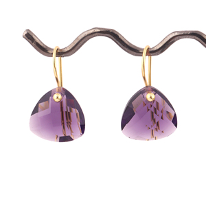 Triangle Shape <b>Earring</b> Checker Cut Purple Amethyst <b>Quartz</b> Hanging Ear Hook <b>Earring</b> 18k Gold Plated Everyday Wear Jewelry Drops - Product Image 1
