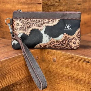 New Stylish Real Handmade Hair On Hide Tooled Fur Leather Wristlet Clutch Hot Selling Women Designed Hand Painted Zipper Pouches