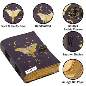 Luna Moth Blank Spell Book of Shadows Journal con cierre de bloqueo Vintage hecho a mano cuero mariposa estampado diario - Product Image 4