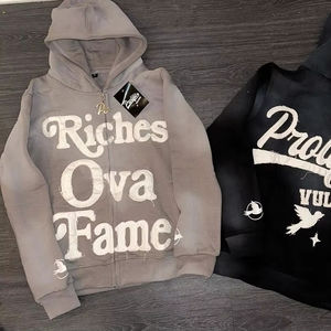 Custom Design <b>Men's</b> Distressed Embroidery Patch Patchwork <b>Zip</b> up Hoodies Acid Washed Vintage French Terry Sun Faded <b>Men</b> <b>Hoodie</b> - Product Image 1