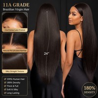 Perruque Lace Front 13x4 en Cheveux Humains Brésiliens Vierges 11A, Lisses, Longs, Brun Foncé, avec Dentelle Transparente Soyeuse