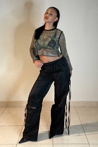 Pantalones Cargo de nailon de algodón 100% de alta calidad para mujer, Color negro liso, con abertura en la rodilla, verano liso de alta calidad - Product Image 5